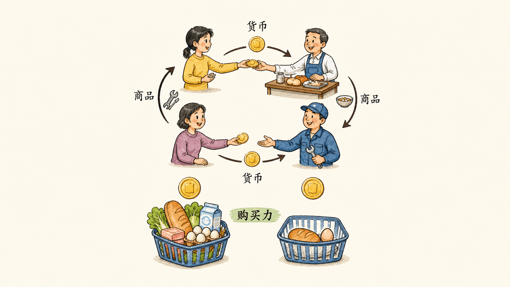 阿宁、早餐摊主、维修工和住户之间以硬币和箭头形成支付循环,同样大小的硬币在两个购物篮之间对应不同数量的日常用品。