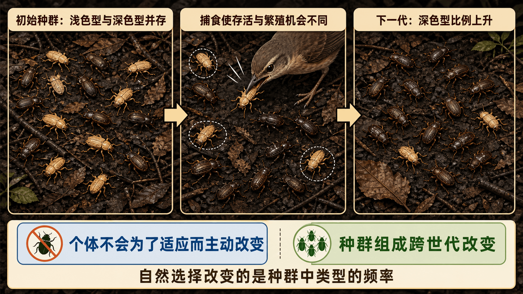 自然选择如何让甲虫种群的体色比例跨世代改变