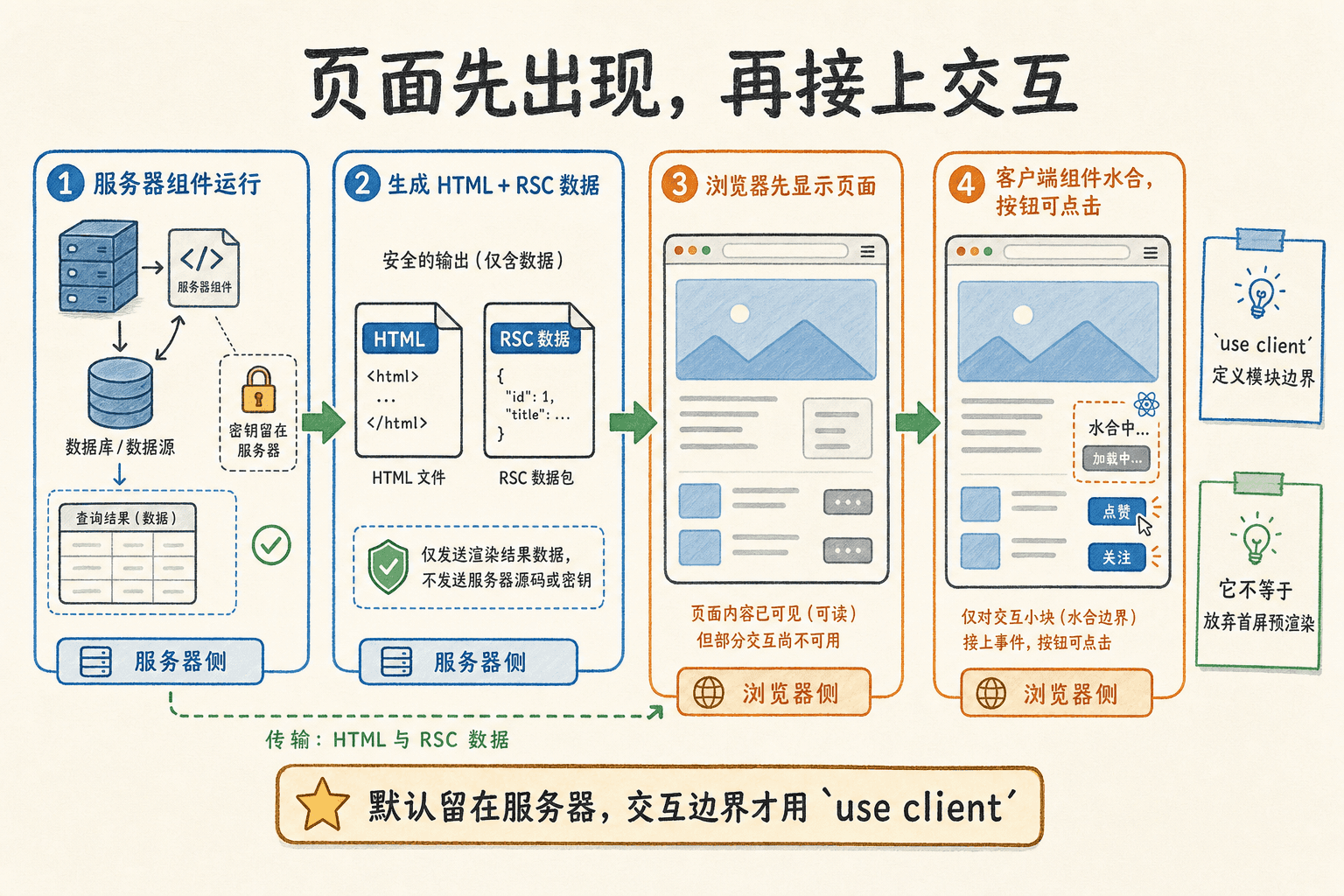 Server Components 在服务器生成 HTML 与 RSC 数据,浏览器先显示页面,再由 Client Components 水合接上交互的手绘流程图