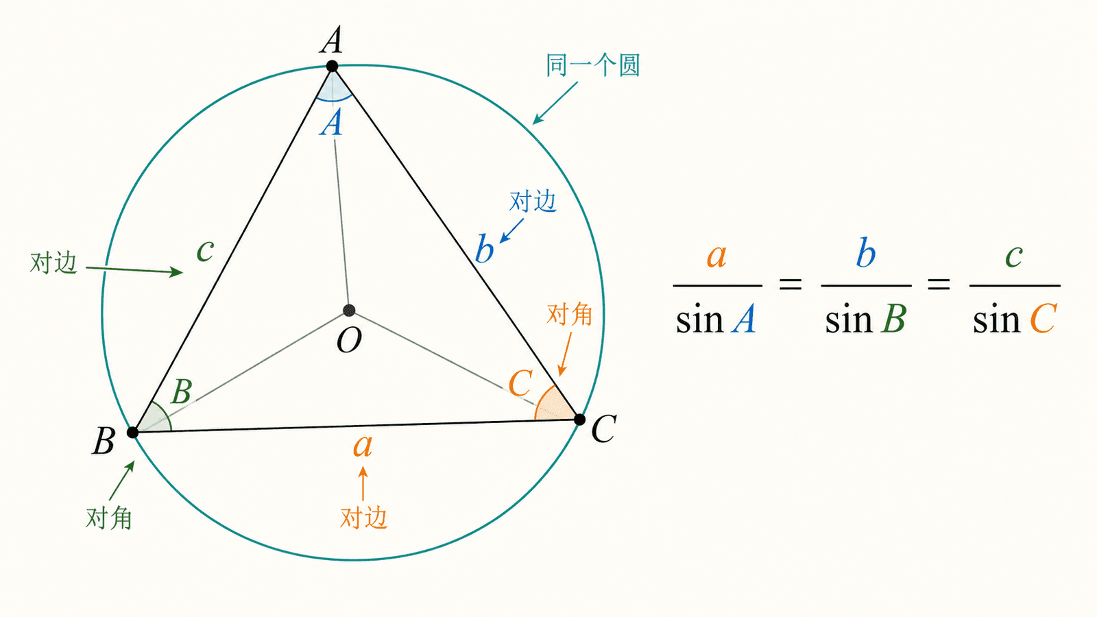 非直角三角形内接于同一个圆，标出角 A、B、C 与对边 a、b、c，并展示正弦定理比例关系。