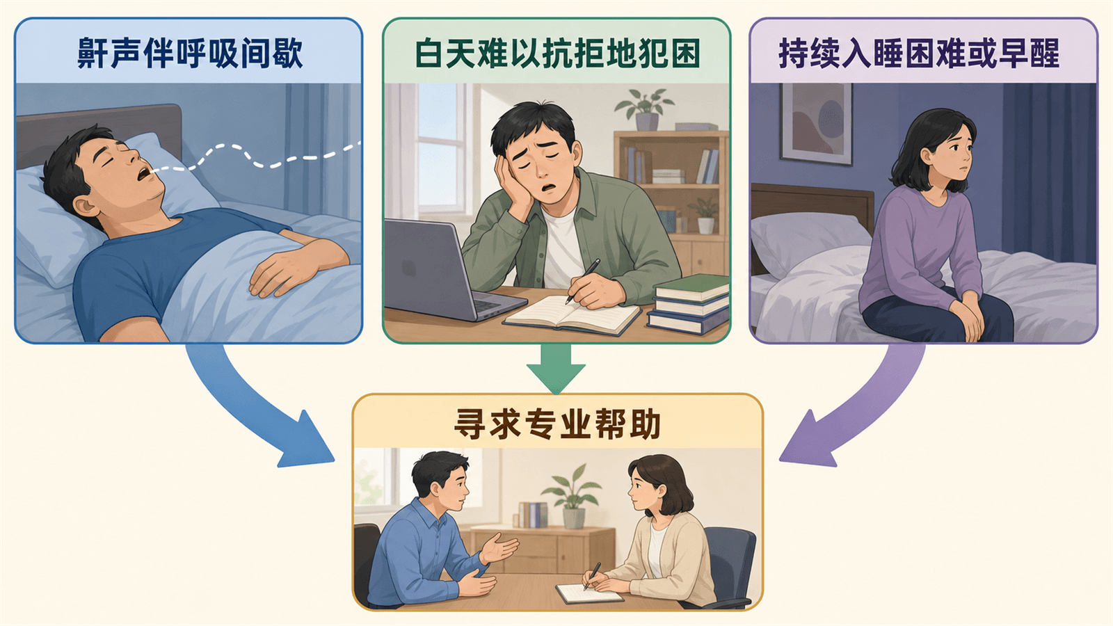 三类睡眠信号汇聚到寻求专业帮助的温和提示图