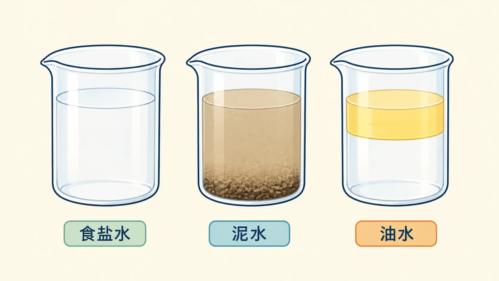 食盐水泥水和油水混合物的并列比较