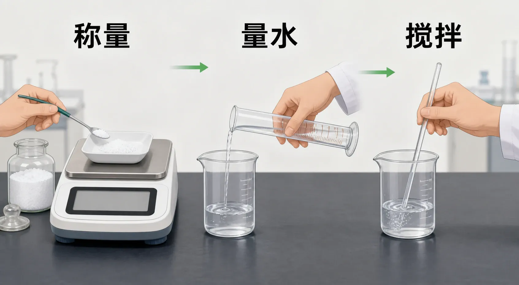 称量食盐、量取水并在烧杯中搅拌配制溶液的实验操作图