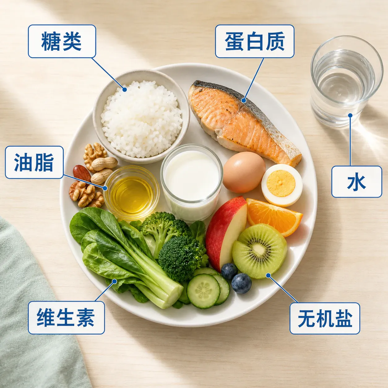 一份均衡餐盘中的六类营养素
