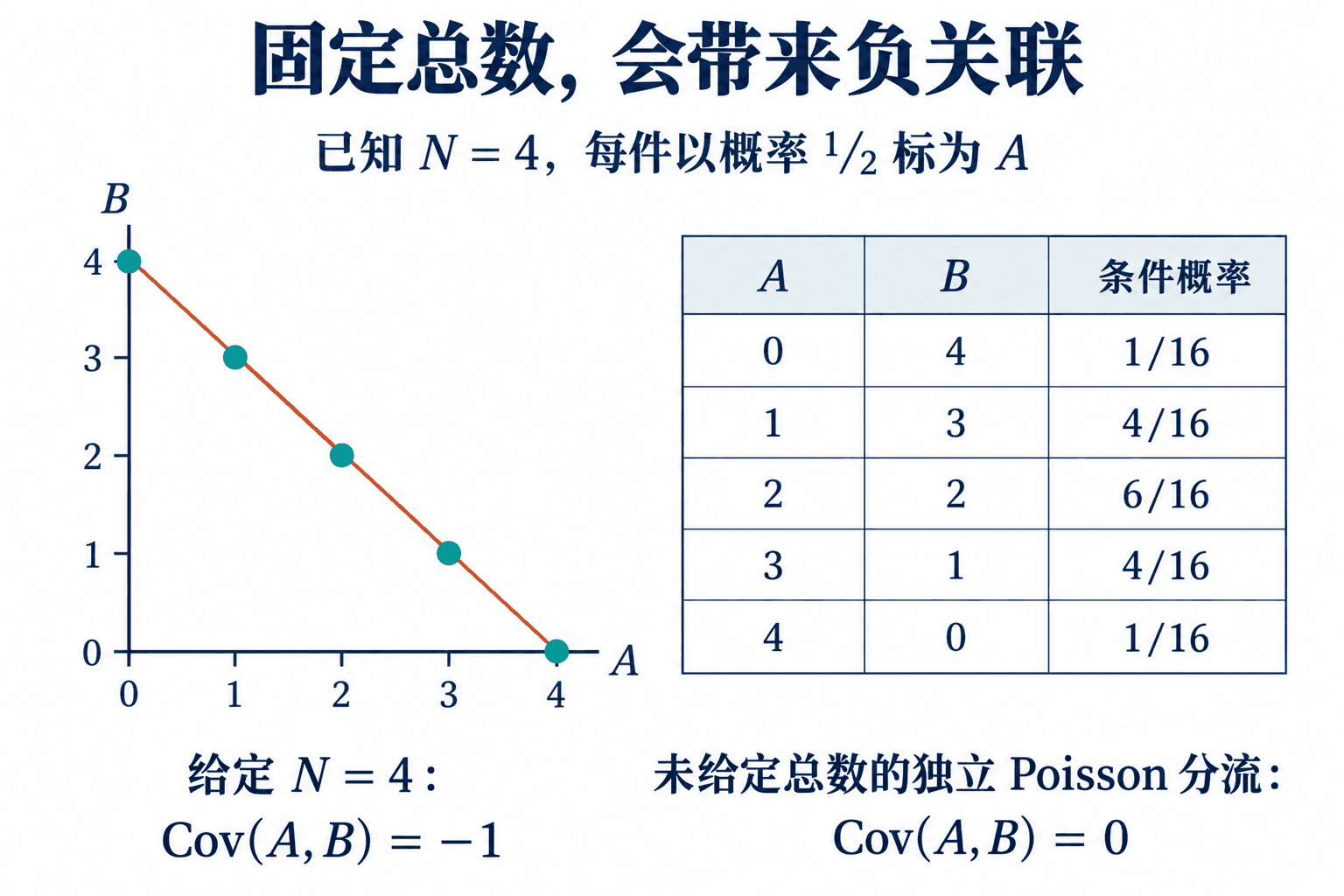 固定总数时两类计数沿着 A+B=n 分布，不能把条件独立与无条件独立混同