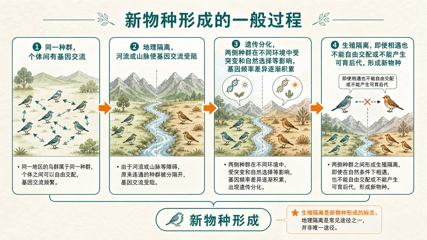 物种形成的链条:种群分隔、遗传分化、生殖隔离与新物种