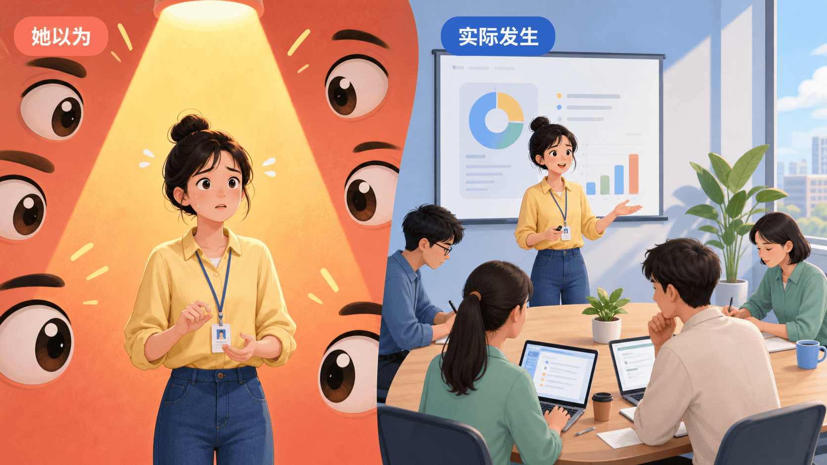 实习生在会议汇报时感到聚光灯照向自己,而同事各自专注笔记和电脑的彩色信息图