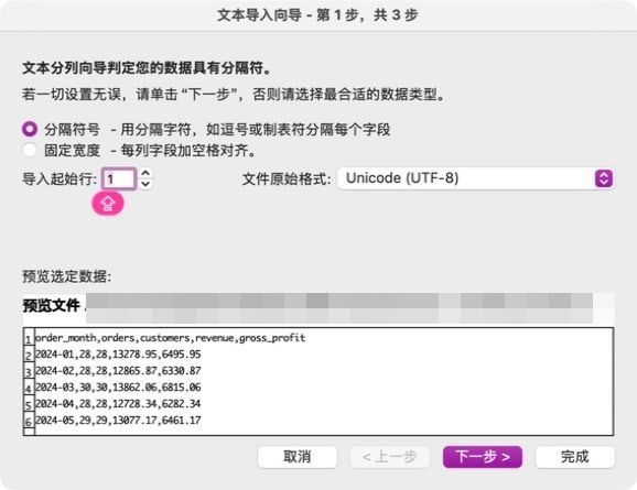文本导入向导中明确选择 Unicode UTF-8