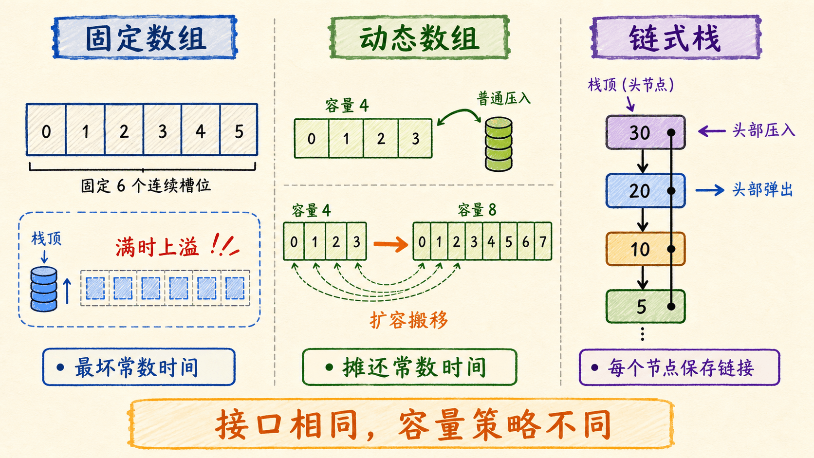 固定数组、动态数组与链式栈的取舍