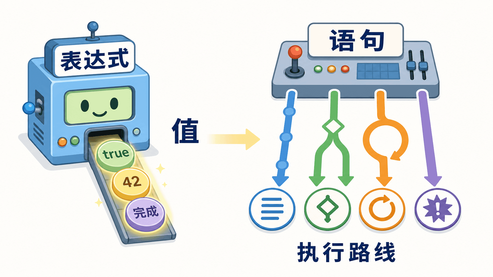 表达式产生值,语句安排执行