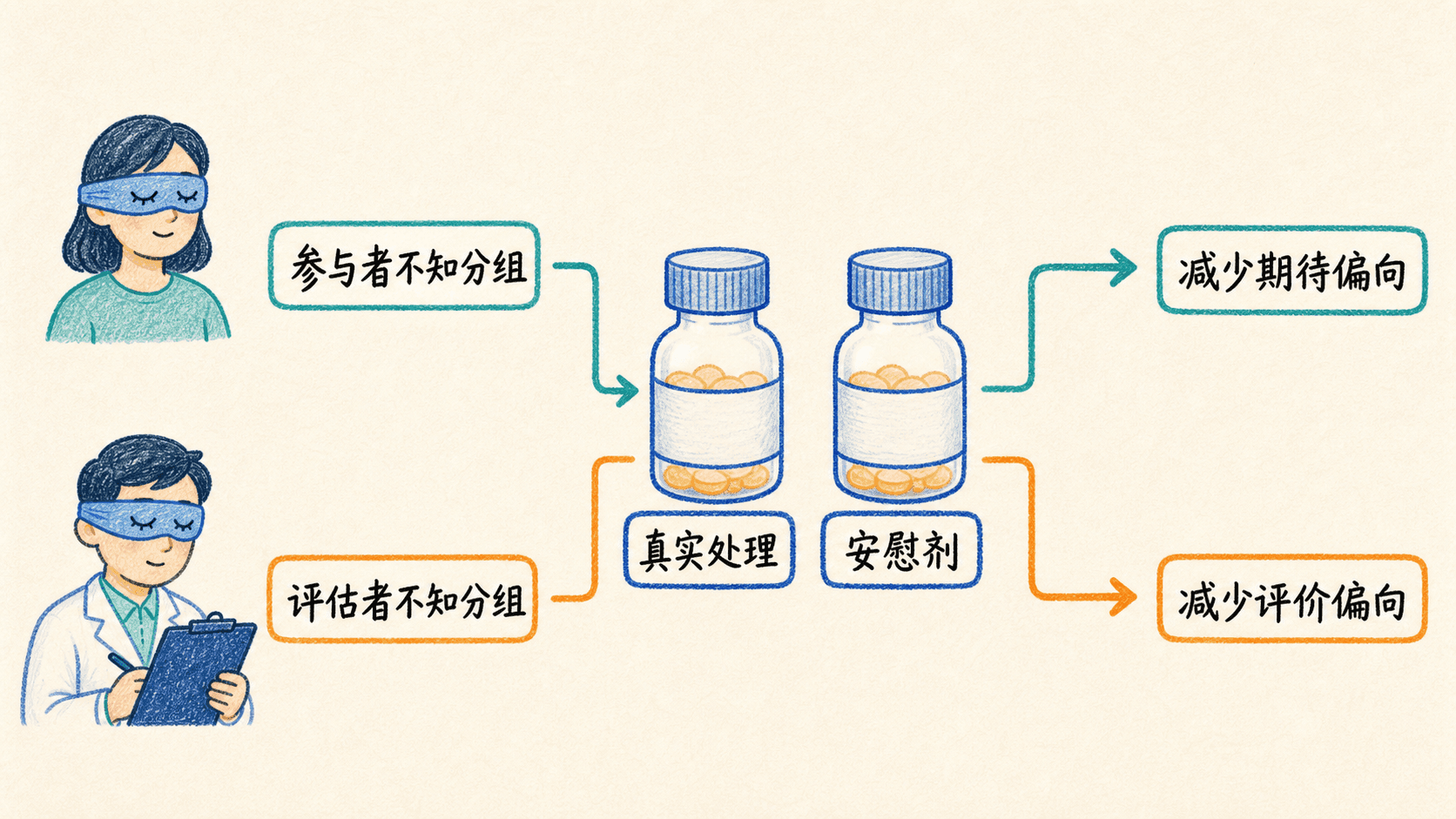 外观相同的真实处理与安慰剂配合盲法,减少参与者期待和评估者偏向