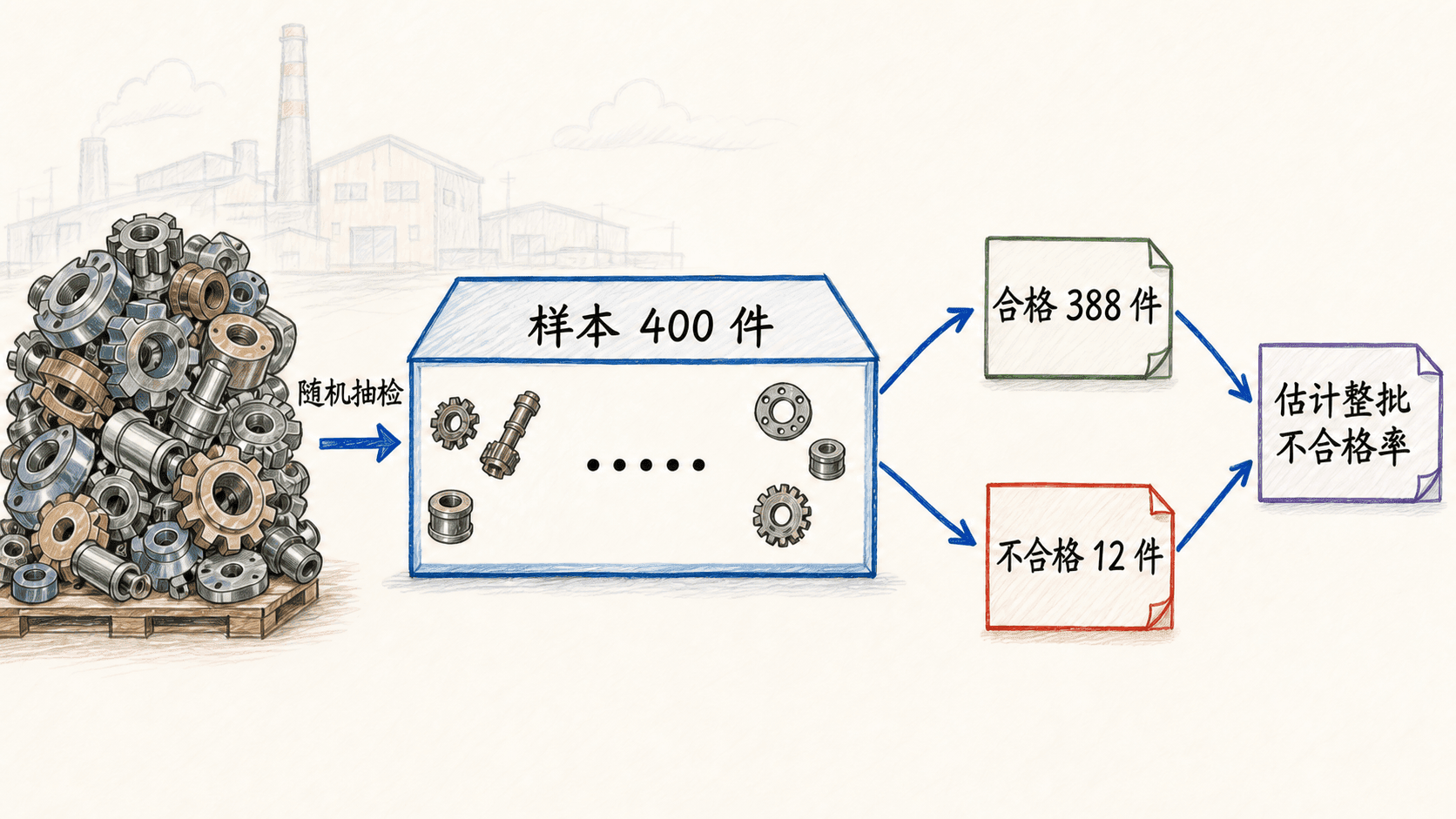 质检员从大批零件中随机抽取四百件,发现十二件不合格