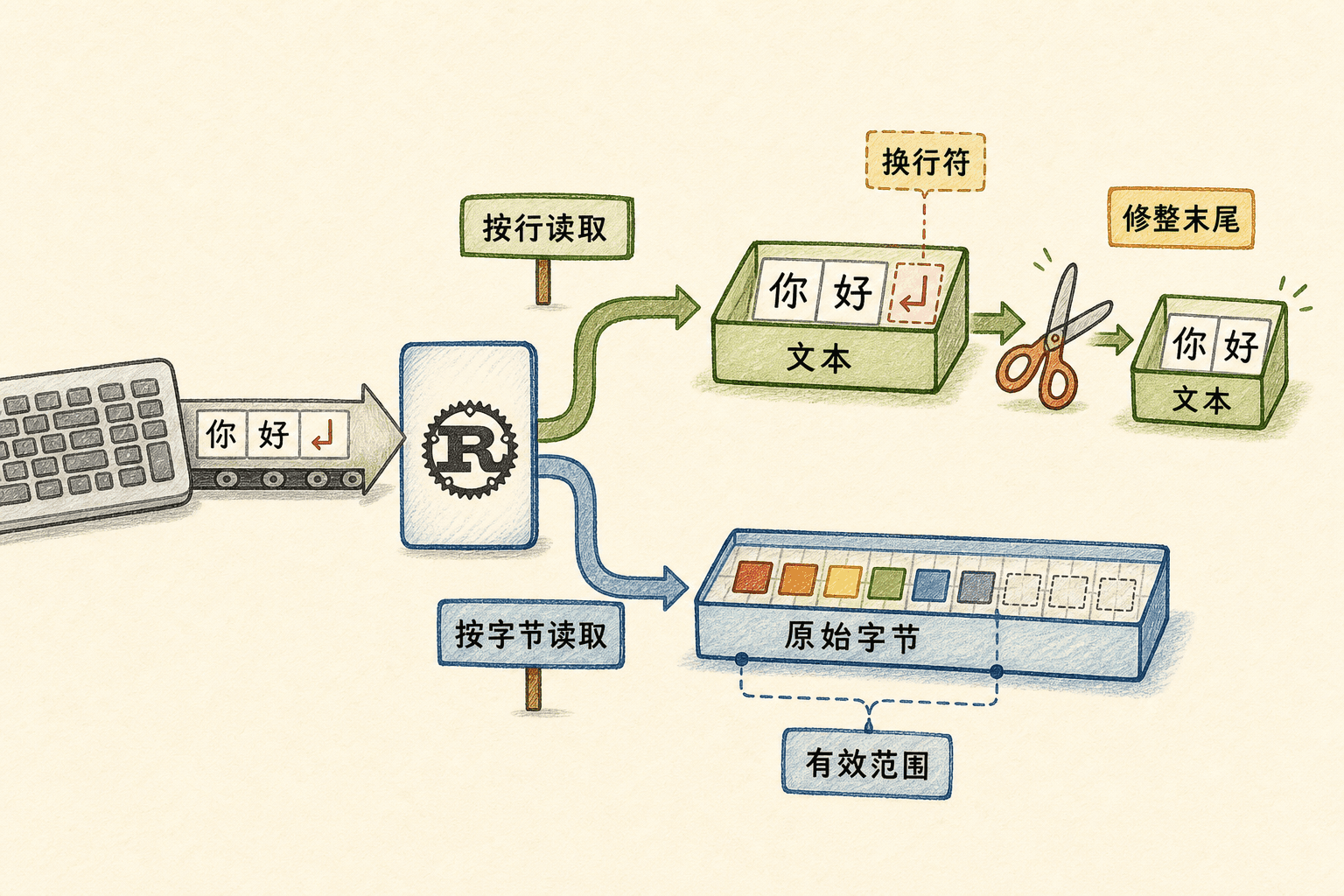 标准输入按 UTF-8 文本行读取与按原始字节读取的分支示意图