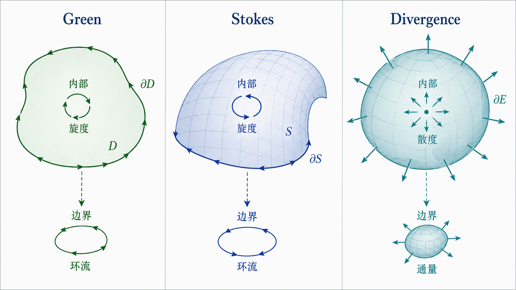 三栏教学信息图，对比 Green、Stokes、Divergence 定理中内部变化与边界累积的关系。