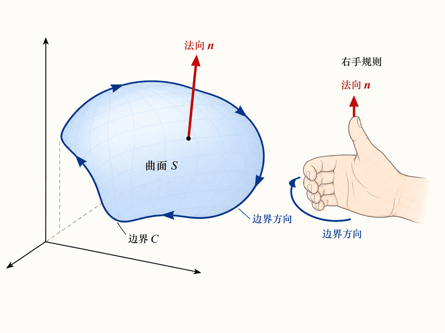Stokes 定理方向约定示意图：开曲面 S、边界 C 的方向、法向 n 与右手规则。