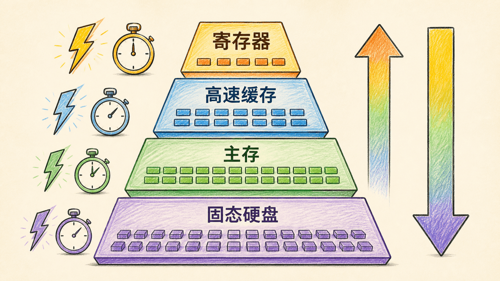 手绘彩色线条金字塔:寄存器、高速缓存、主存与固态硬盘的存储层次