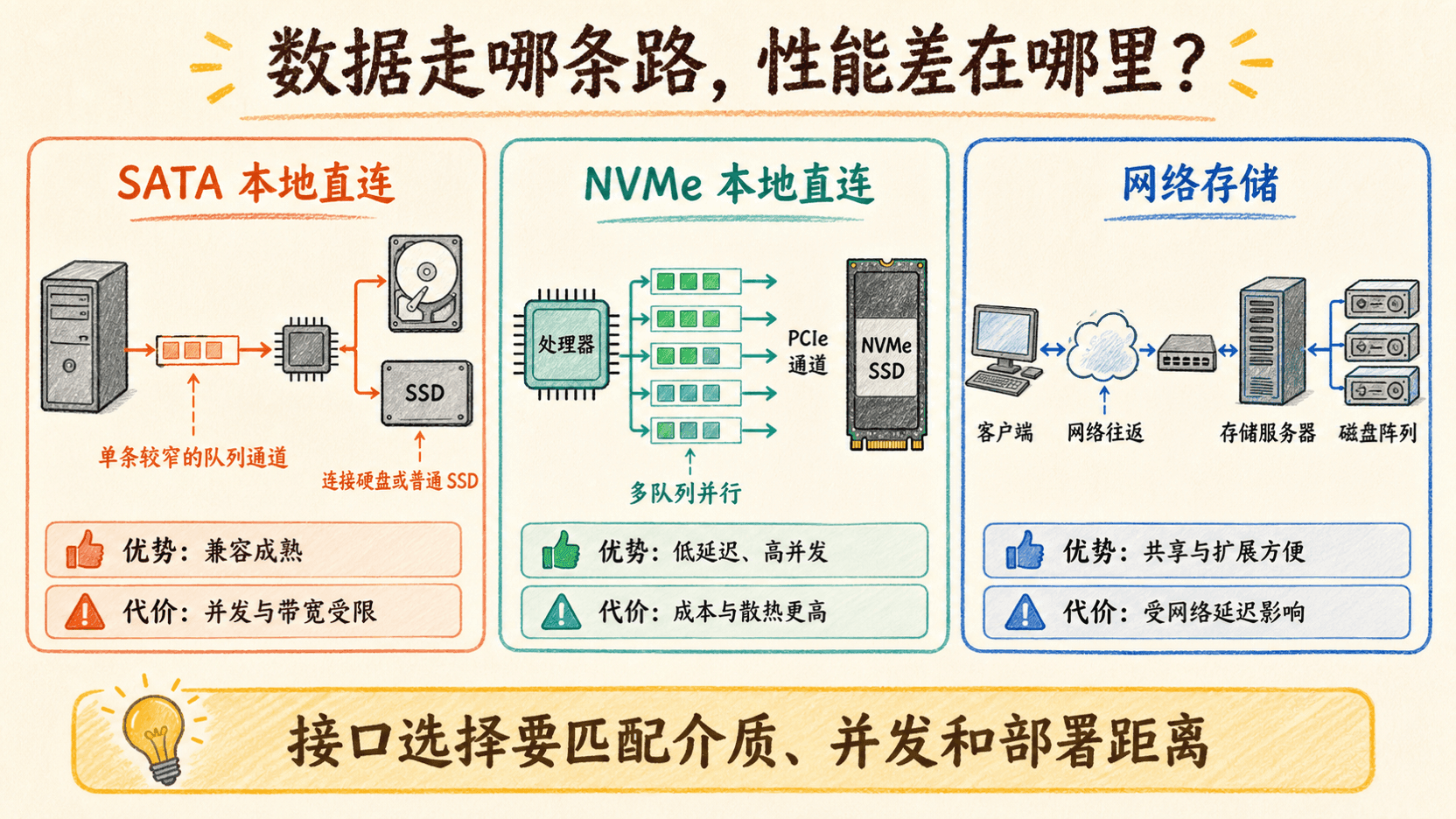 SATA、NVMe 与网络存储三种 I/O 连接路径对比图