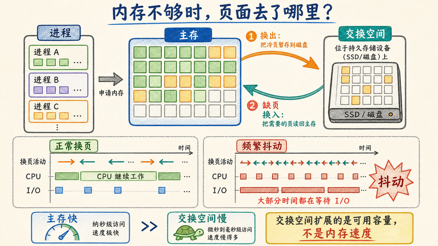 页面在主存与交换空间之间换入换出及频繁抖动示意图
