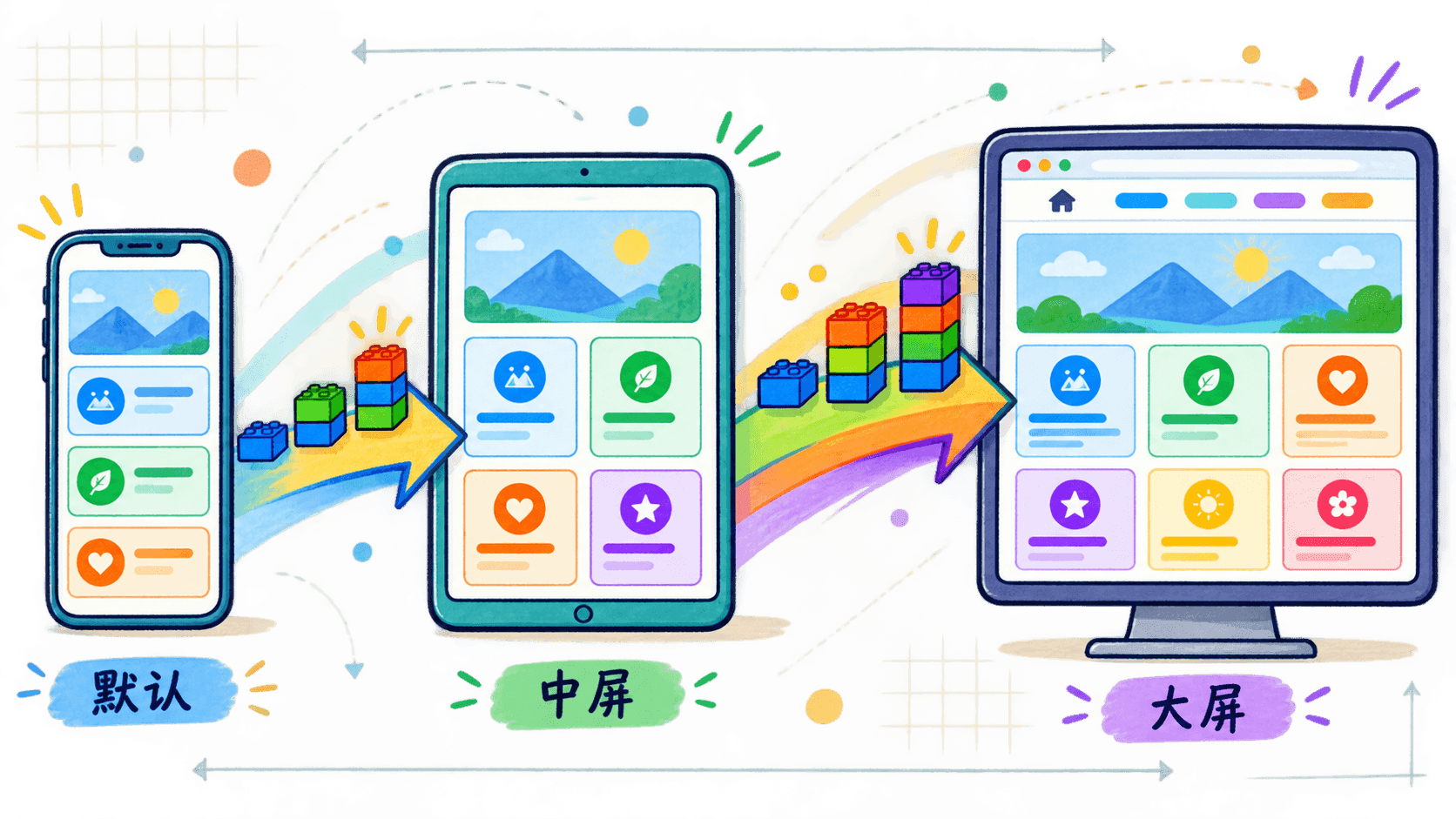 手绘图展示同一界面从手机默认布局逐步增强到中屏和大屏布局