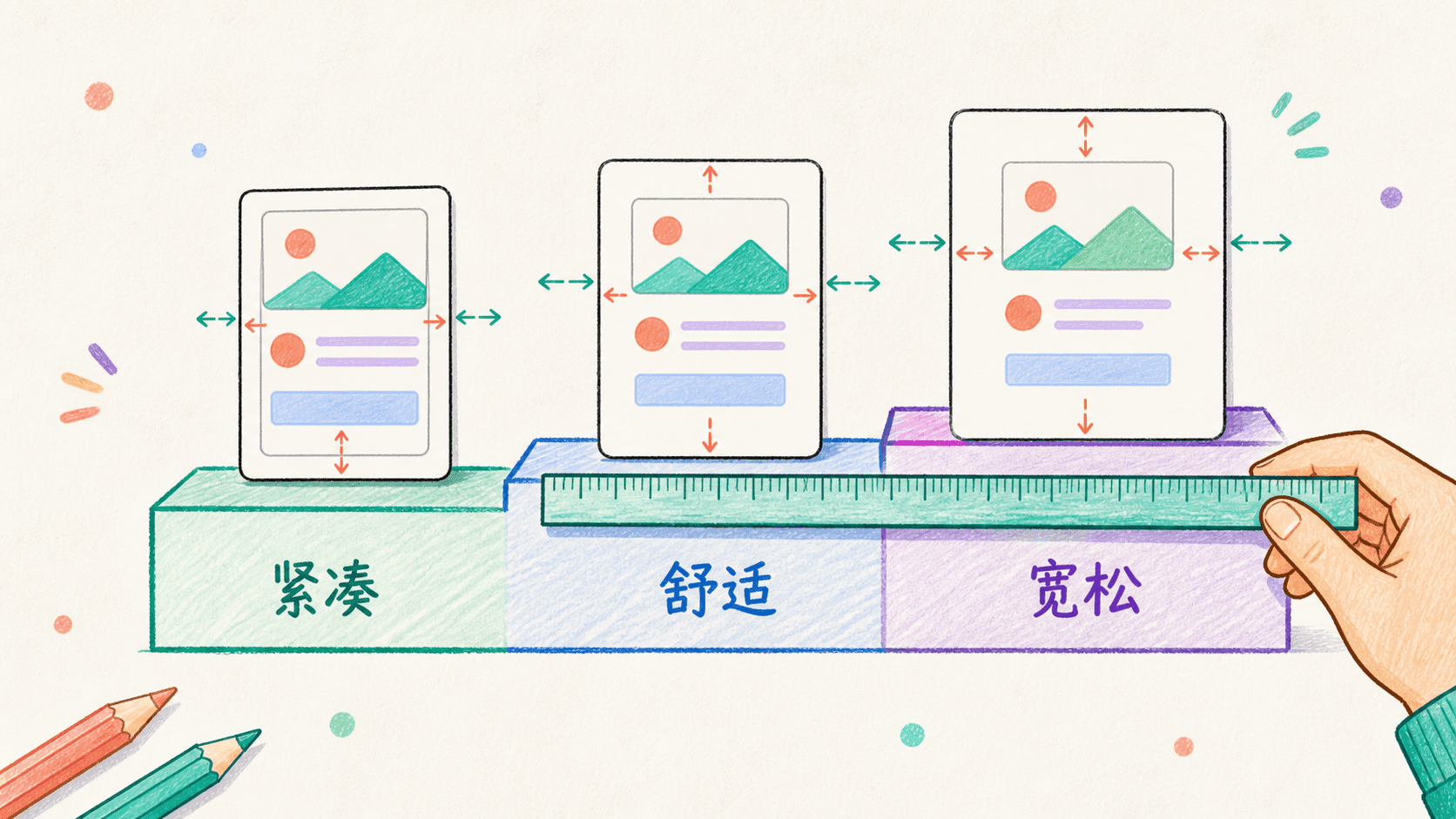 手绘图用紧凑、舒适、宽松三张卡片和直尺说明统一的间距刻度如何控制界面密度