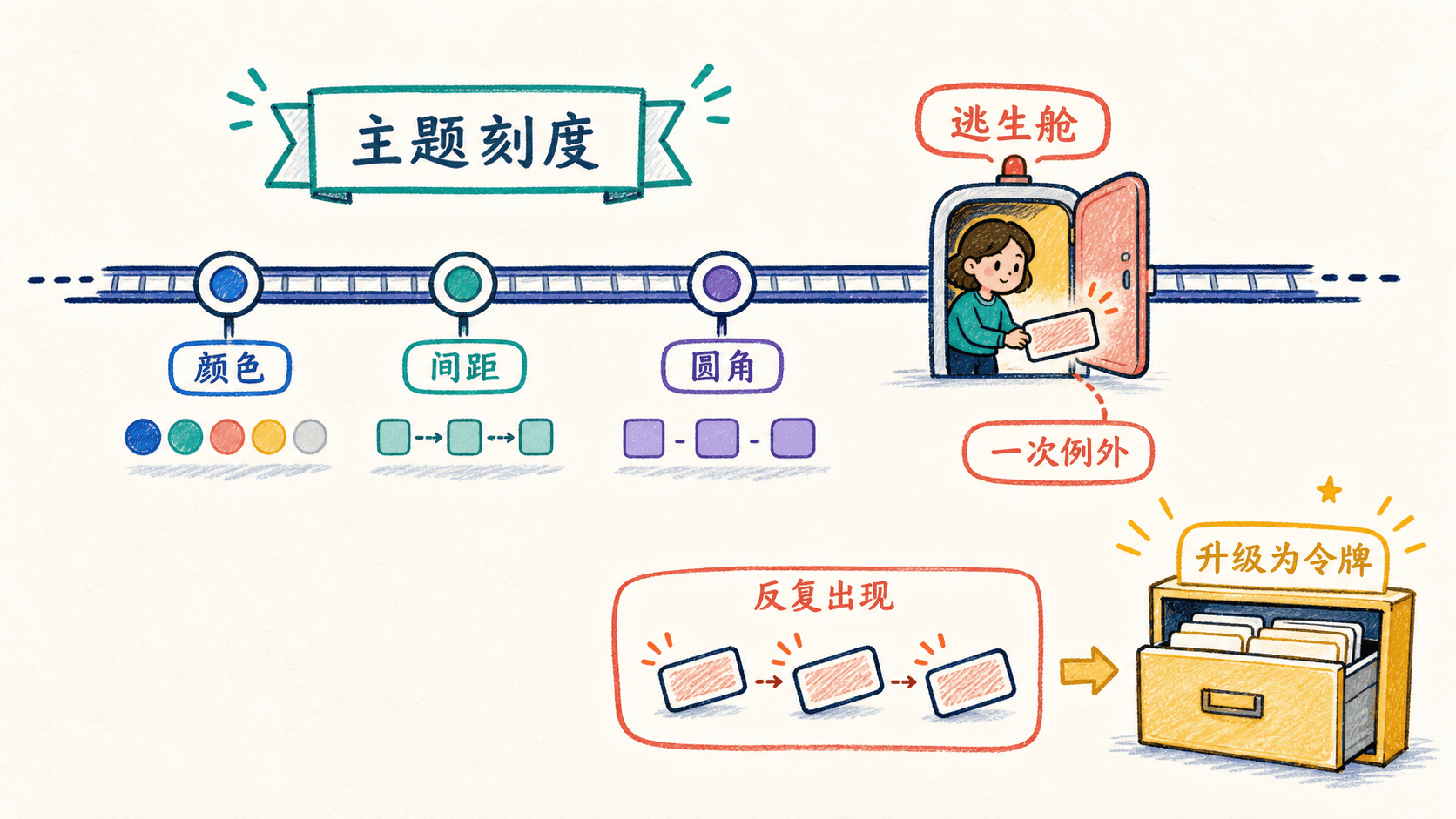 手绘教学图:颜色、间距与圆角沿统一主题刻度前进,一次例外从逃生舱离开,重复后升级为团队令牌