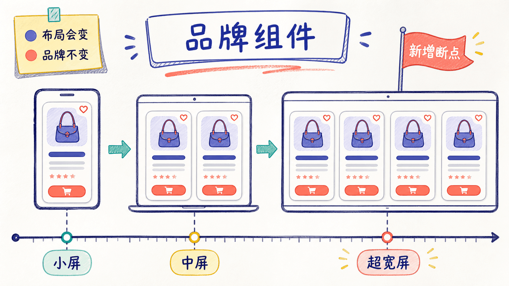 手绘响应式组件图:同一品牌商品卡在小屏、中屏与超宽屏改变布局,但颜色、圆角和操作样式保持一致