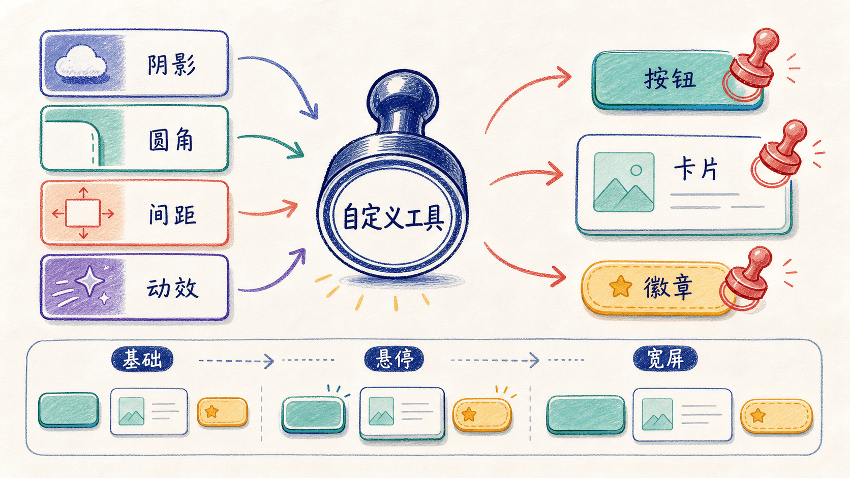 手绘教学图:阴影、圆角、间距与动效能力进入自定义工具印章,再组合到按钮、卡片和徽章,并适配悬停与宽屏状态