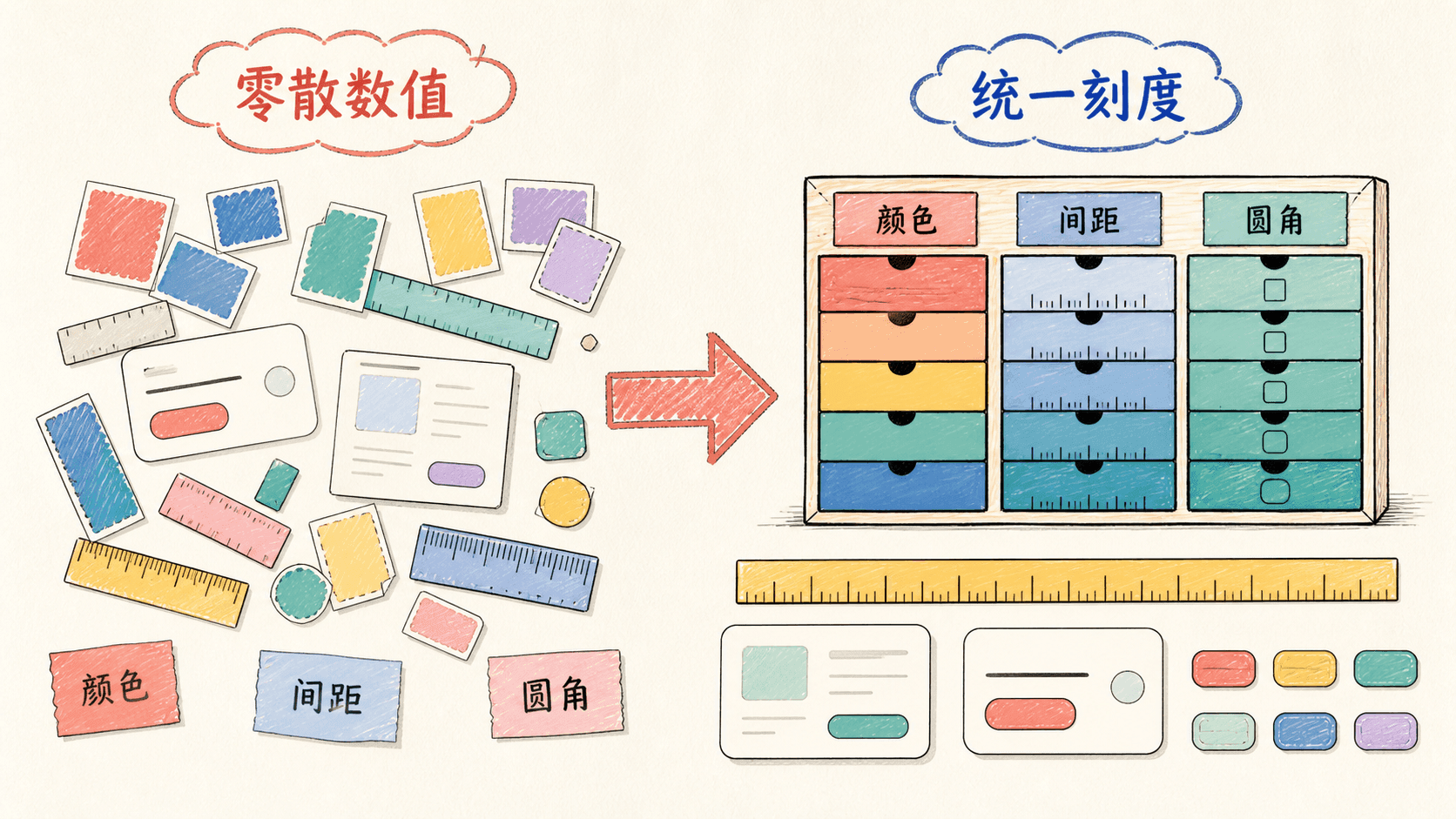 手绘对照图:零散色块、尺子和组件值被整理为颜色、间距与圆角三组统一抽屉,并产出一致的卡片与按钮