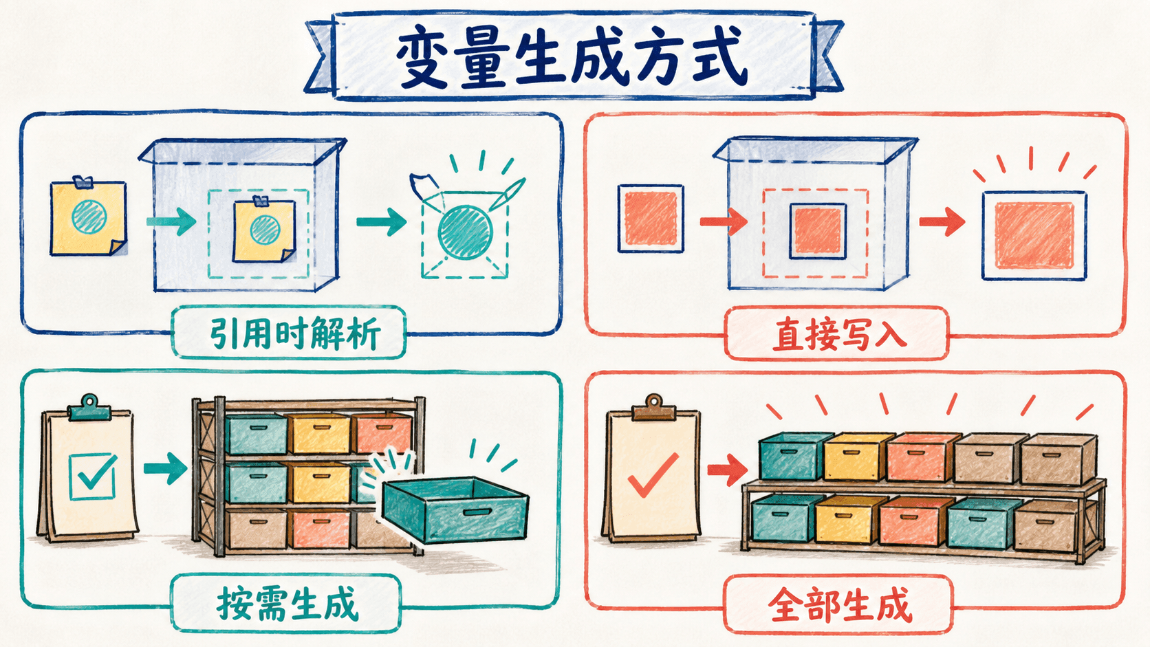 手绘四格概念图:变量值在引用处解析或直接写入,主题资源按需生成或全部生成