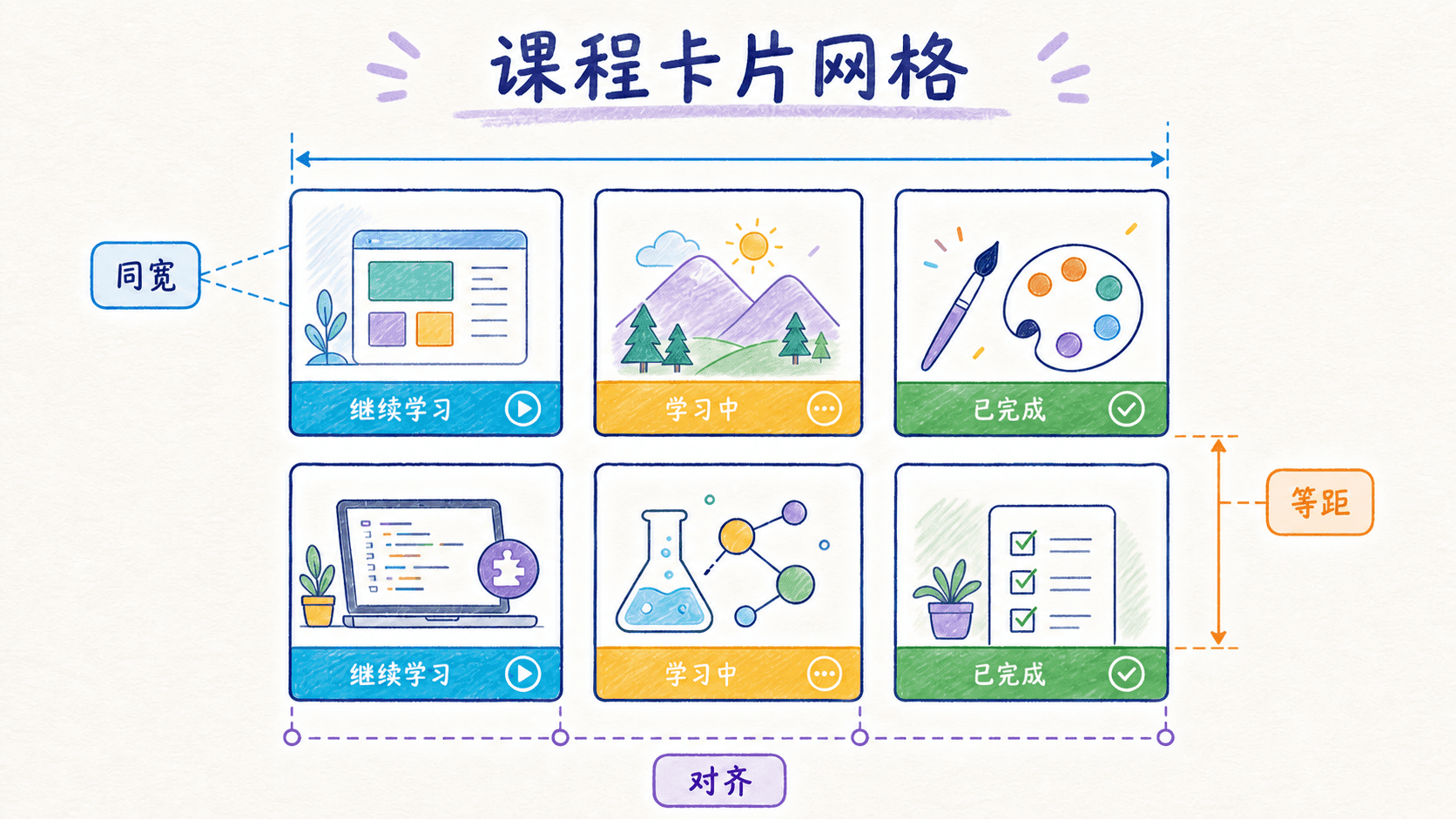 手绘网格图:六张课程卡片按三列两行排列,以标尺说明同宽、等距和底部对齐