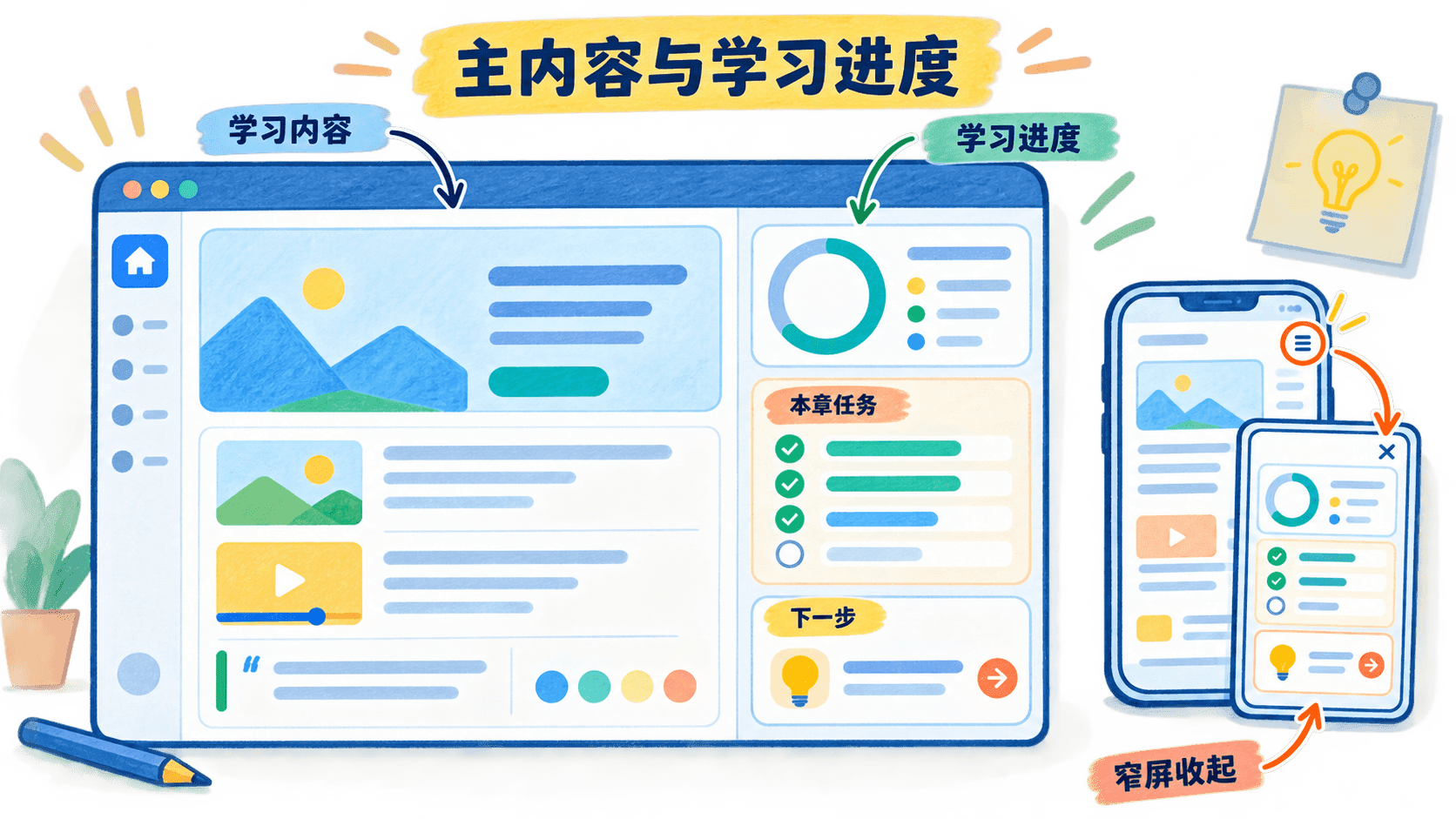 手绘工作台图:桌面端主内容与学习进度并排,窄屏时进度侧栏收起为可展开面板