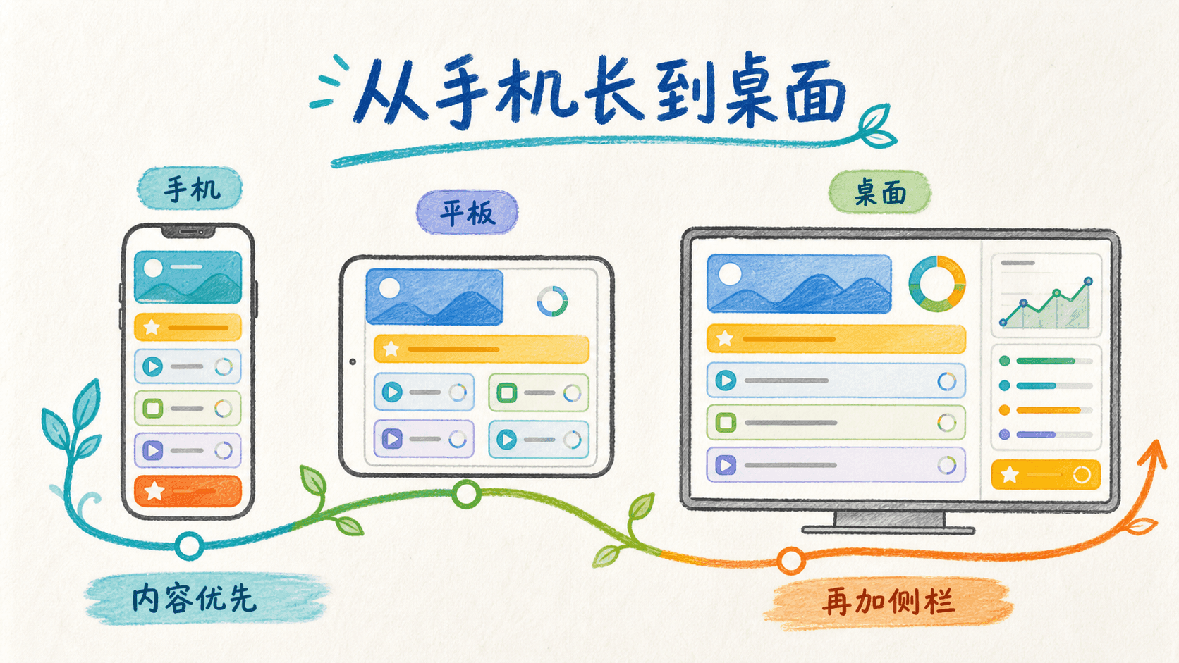 手绘成长图:课程工作台从手机单列内容优先,扩展到平板双列,再到桌面增加学习侧栏