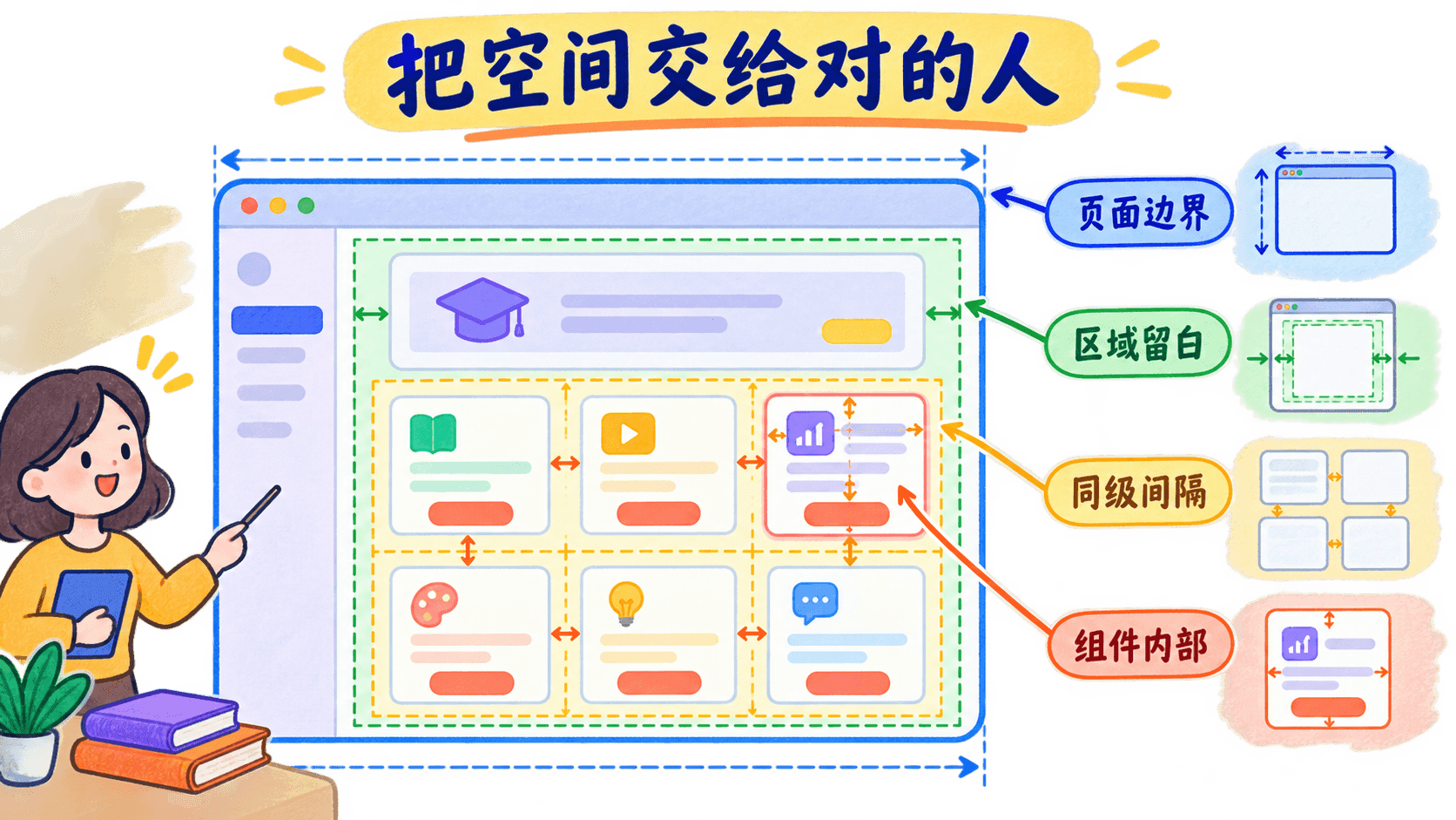 手绘分层图:页面边界、区域留白、同级间隔和组件内部四种空间分别由对应容器承担