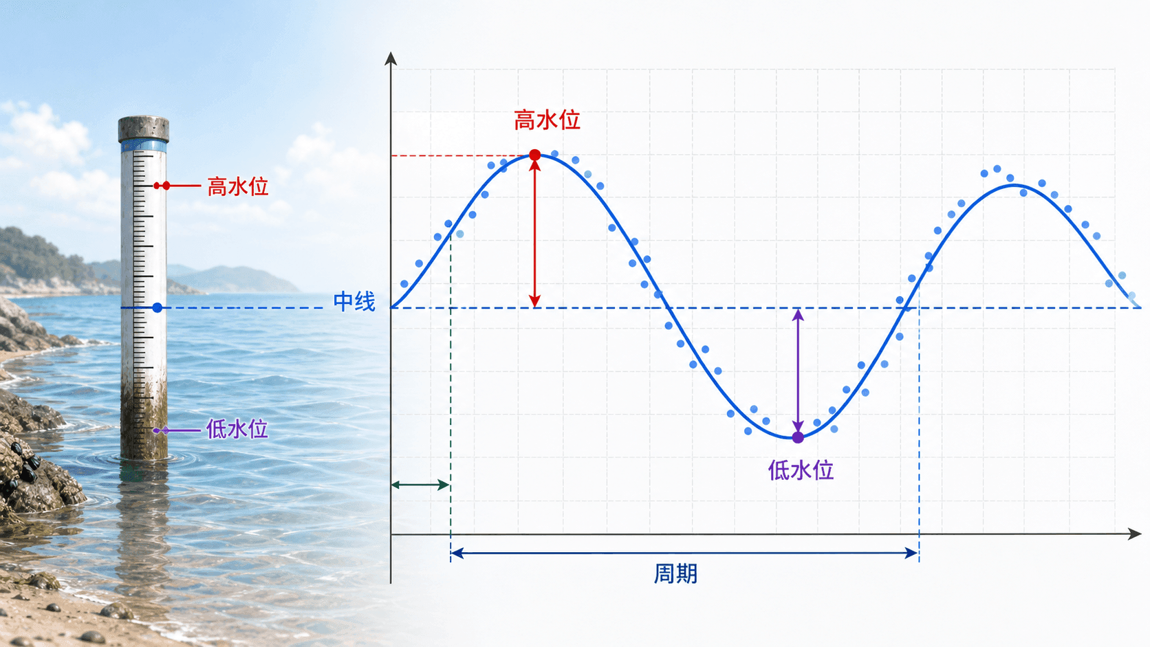 潮汐水位周期模型示意图，包含测潮杆、中线、高低水位、周期和偏离平滑曲线的真实数据点