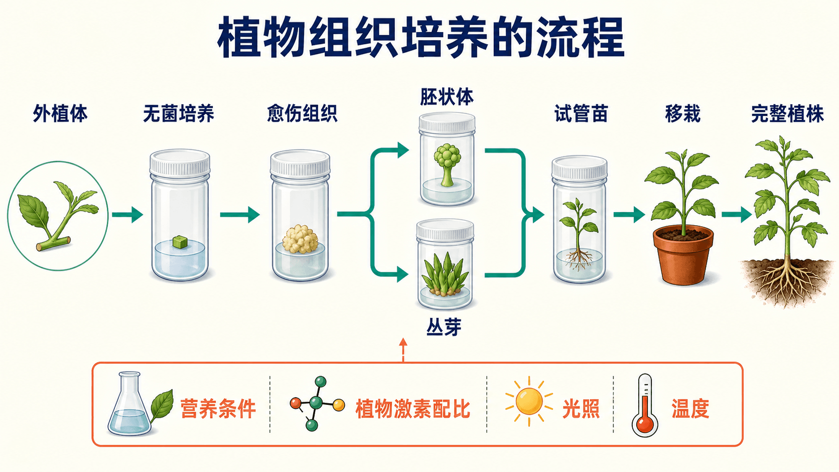 植物组织培养流程:外植体、愈伤组织、再分化、试管苗与移栽