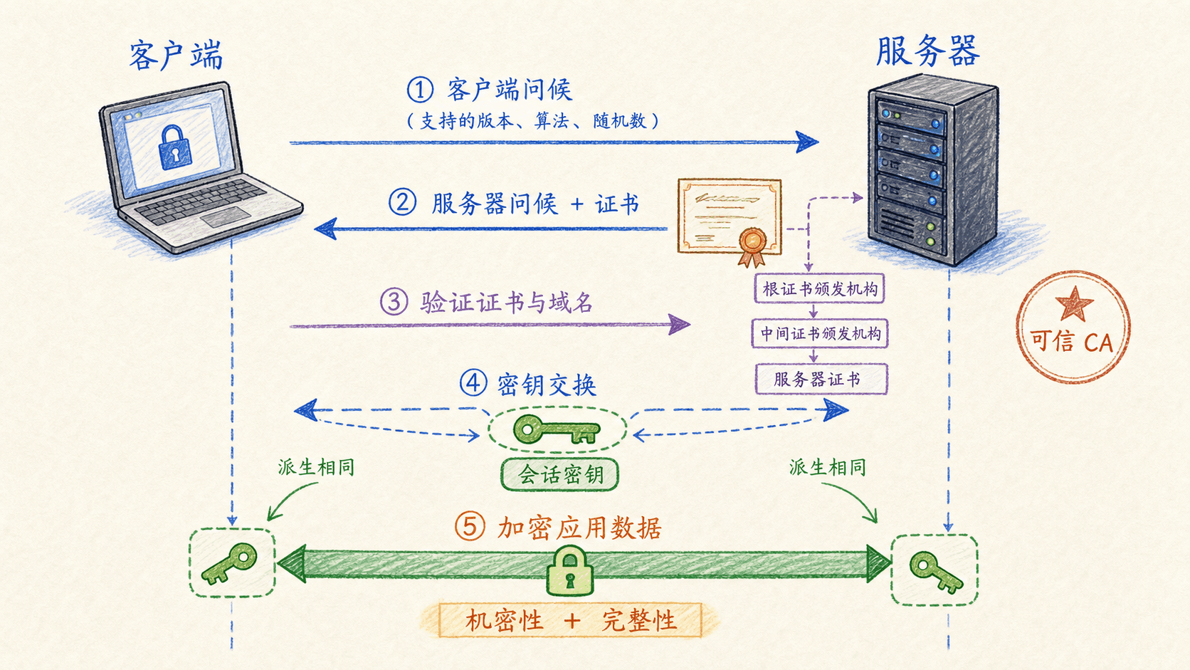 TLS握手:客户端问候、服务器证书、证书与域名验证、密钥交换和双方派生相同会话密钥,随后形成加密应用数据通道。