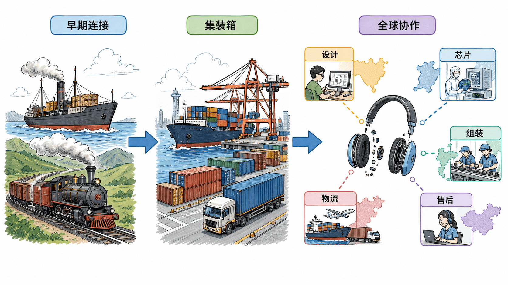 世界贸易从早期跨境整合到价值链分工与数字化重组的演变示意