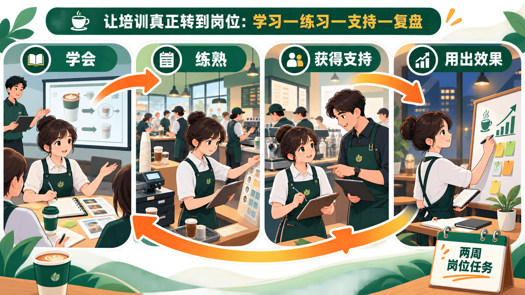 从学习到岗位表现:新任店长训练迁移闭环信息图