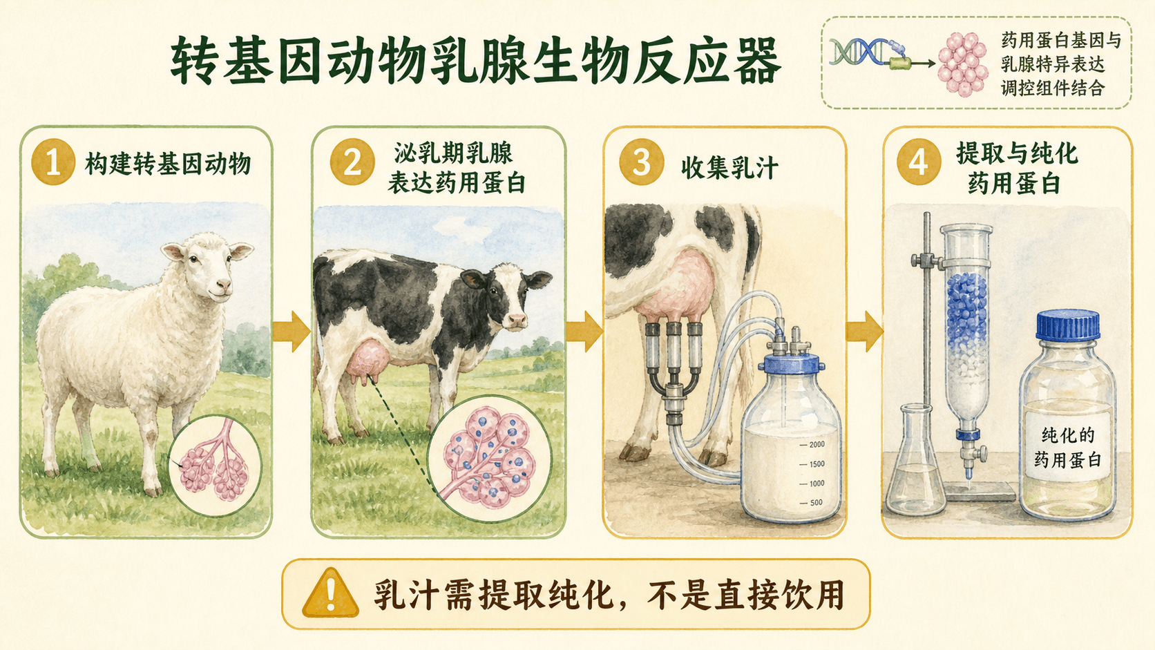 乳腺生物反应器生产药用蛋白的流程示意图