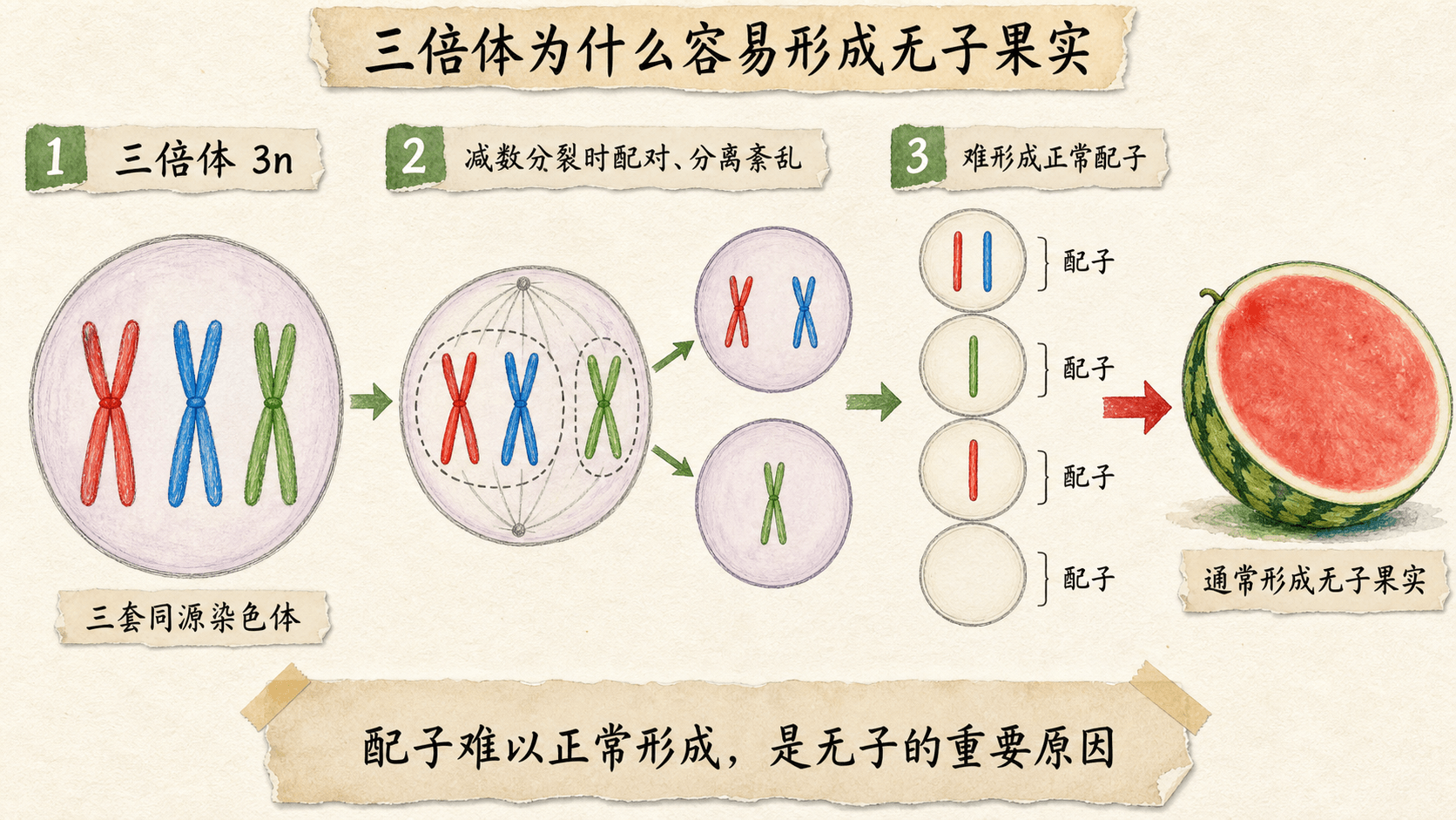 展示三倍体三套同源染色体在减数分裂中难以正常配对和均等分离,因而难形成正常配子的示意图