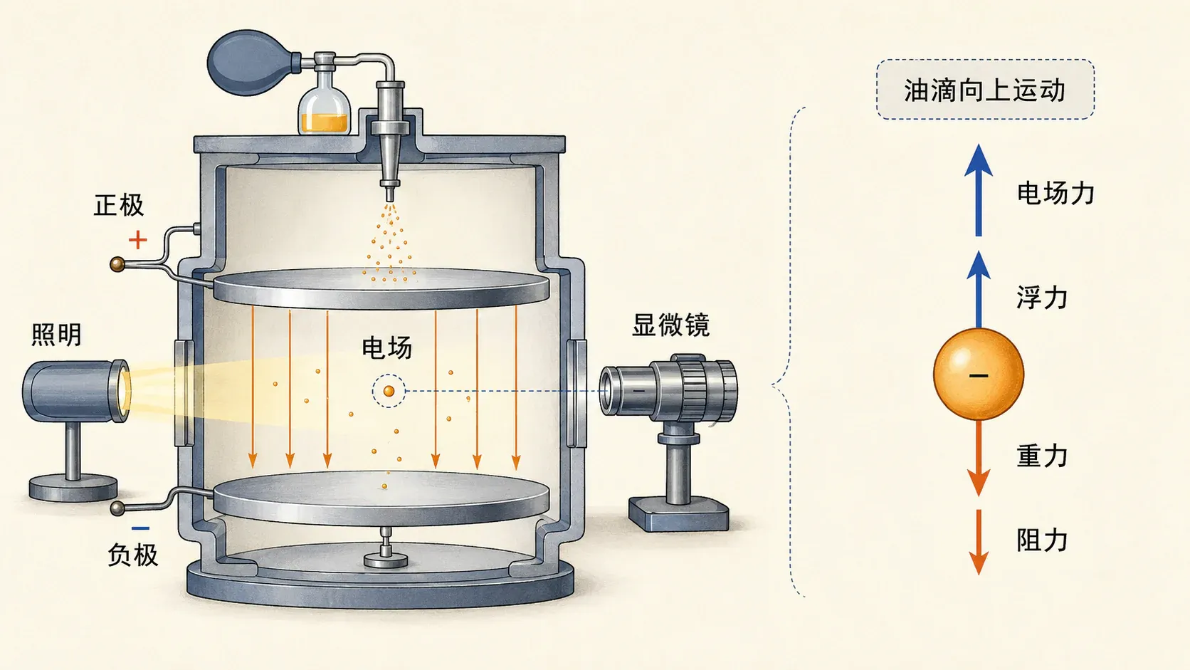 平行极板间油滴的装置与受力关系