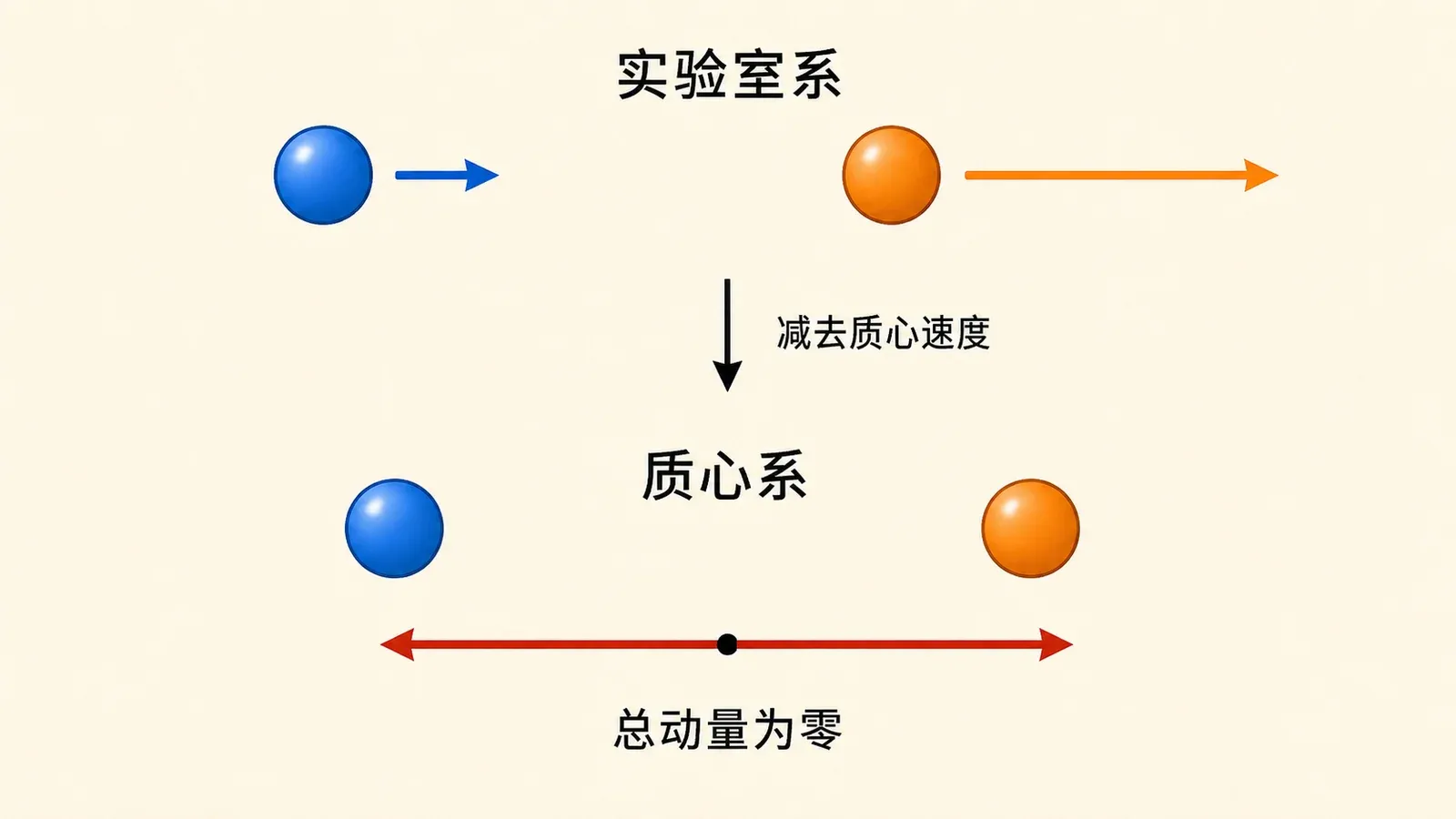 从实验室系减去质心速度后,两物体在质心系中的动量等大反向
