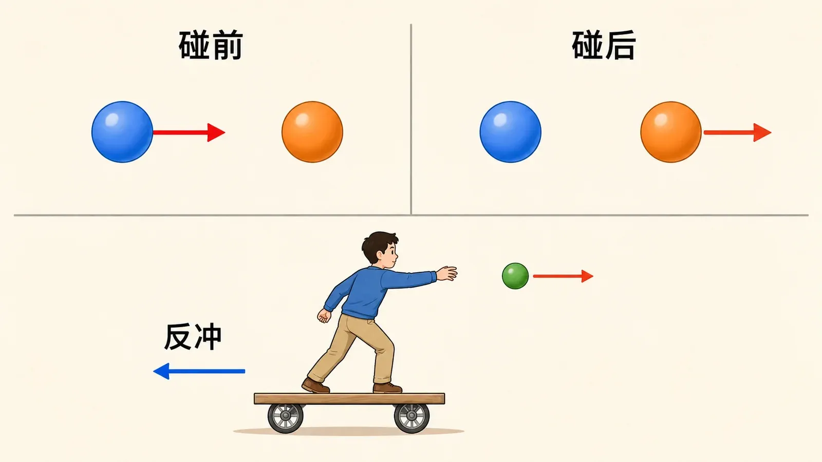 一维碰撞前后的速度变化,以及抛物后小车的反冲