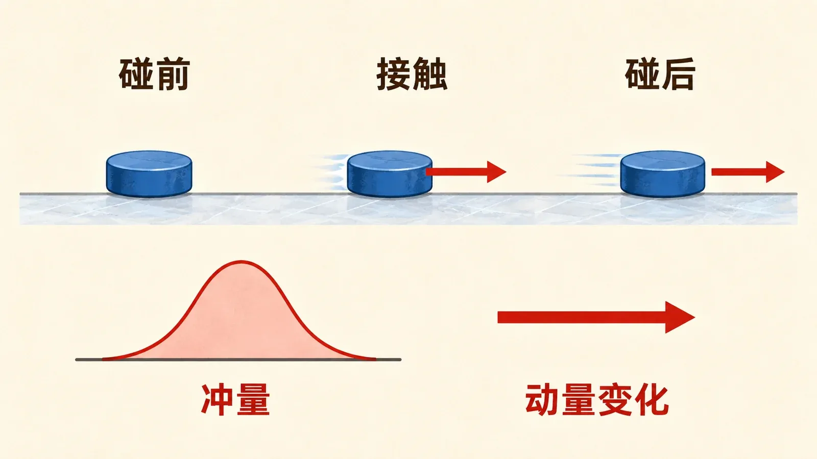 球棒击球的碰前、接触与碰后三阶段,合冲量对应动量变化