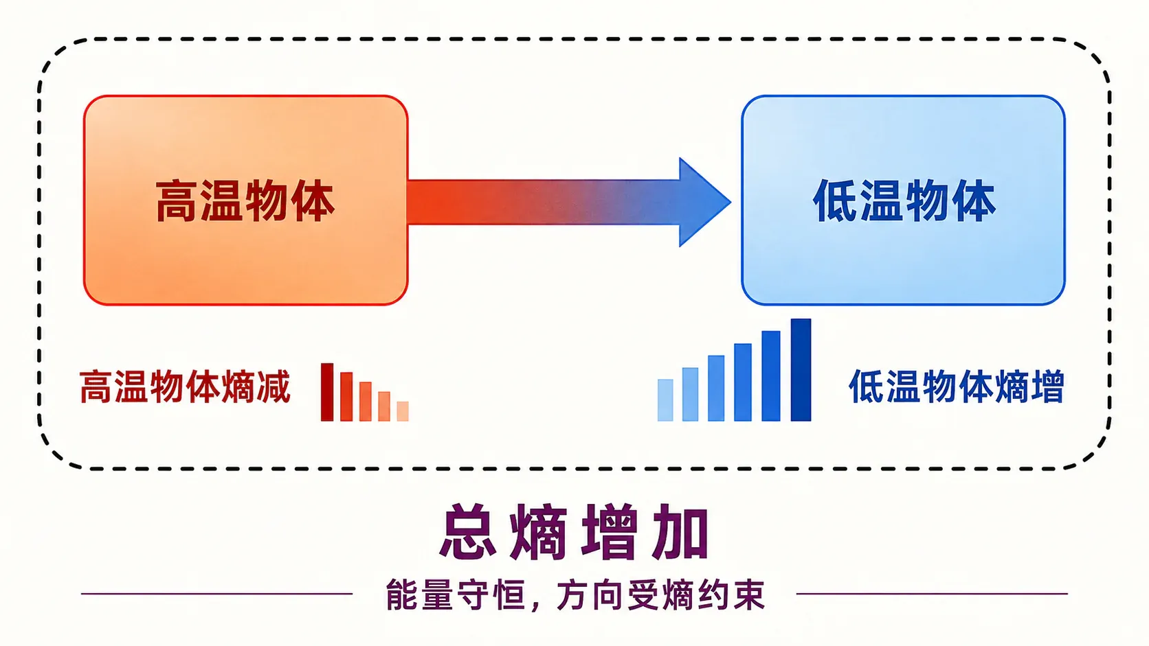 有限温差传热中高温物体熵减、低温物体熵增,而孤立整体总熵增加