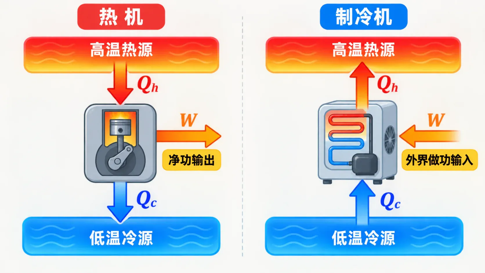 热机输出功与制冷机输入功的能量流向对照