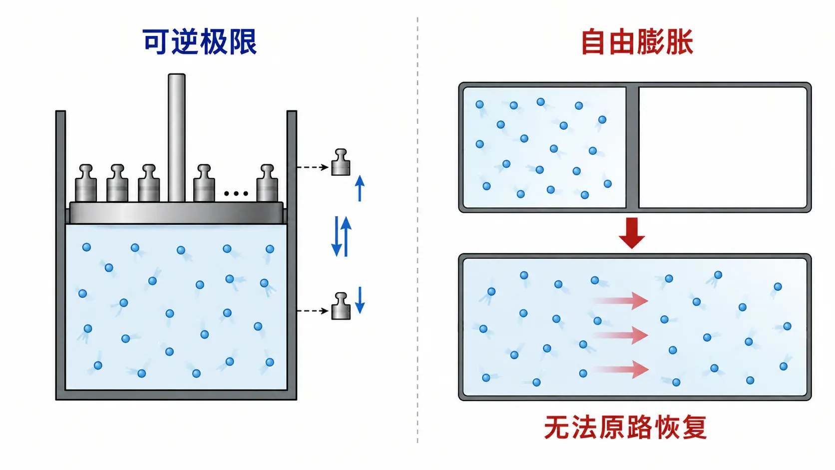 极慢且无耗散的可逆极限与气体自由膨胀的不可逆过程对照