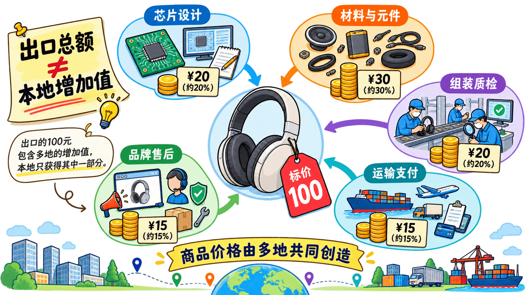 耳机跨境交易的增加值分布图:不同经济体在设计、零件、组装和服务环节分别创造价值