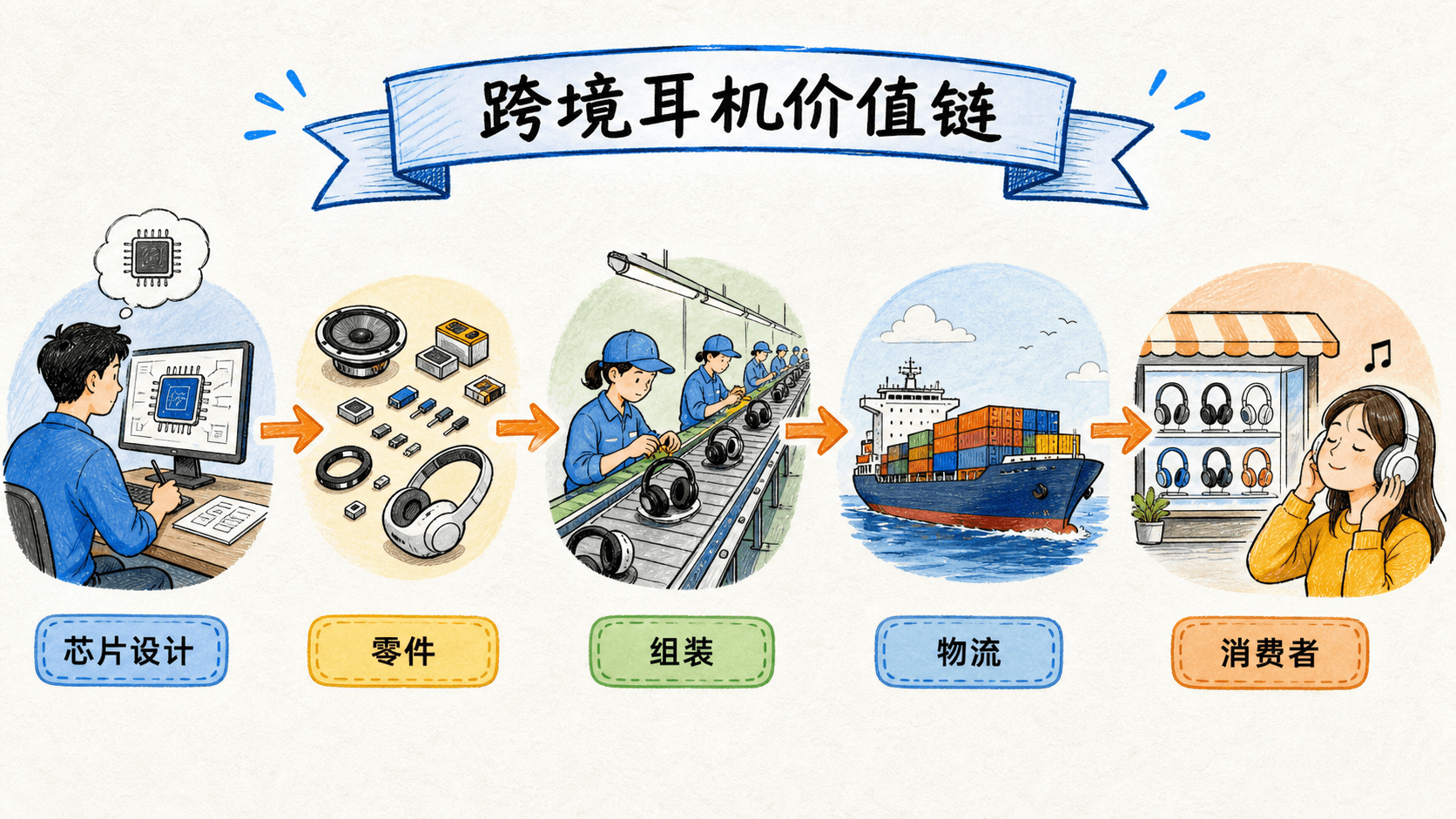 一副耳机的全球价值链:元件、开发、制造、跨境服务与市场服务共同构成最终价值