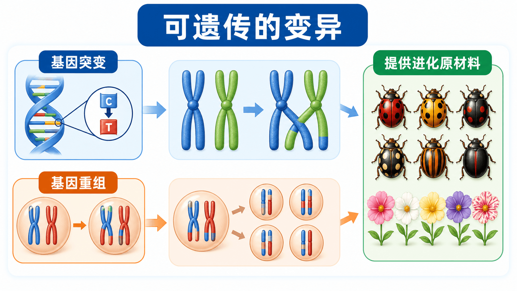 可遗传变异的来源:突变和基因重组提供进化原材料